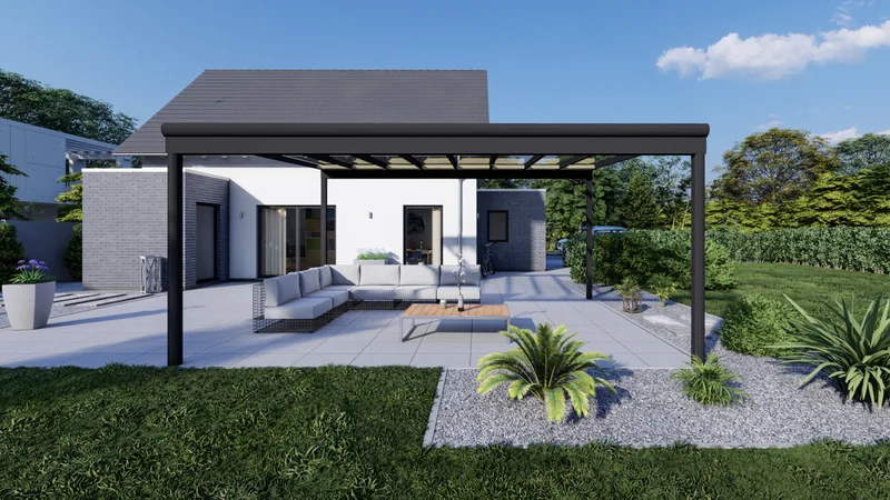 Anthrazitfarbenes Terrassendach mit opalweißer Polycarbonat-Eindeckung an einer dunklen Klinkerfassade, darunter Sitzgruppe und Esstisch auf der Terrasse
