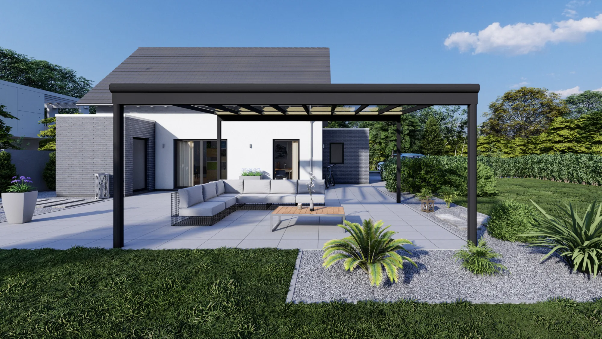 Anthrazitfarbenes Terrassendach mit opalweißer Polycarbonat-Eindeckung an einer dunklen Klinkerfassade, darunter Sitzgruppe und Esstisch auf der Terrasse