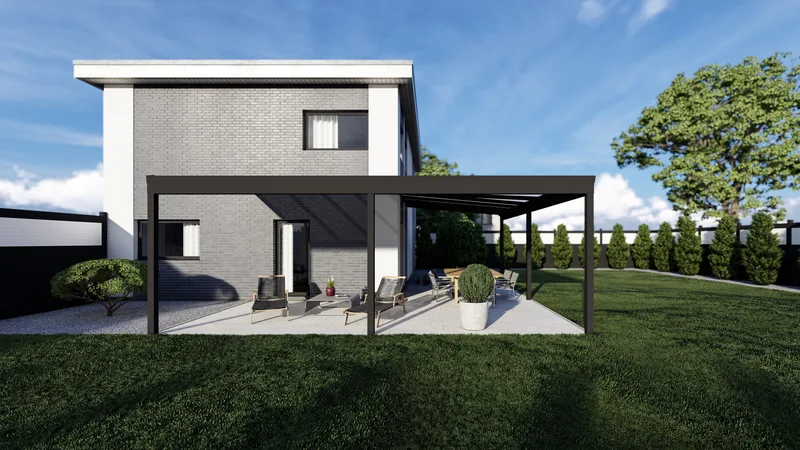 Seitenansicht eines anthrazitfarbenen Terrassendachs mit flacher Blende vor einem Haus mit Klinkerfassade und Gartenmöbeln
