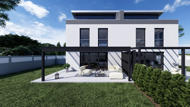 Modernes Wohnhaus mit anthrazitfarbenem Terrassendach und Gartenmöbeln unter blauem Himmel