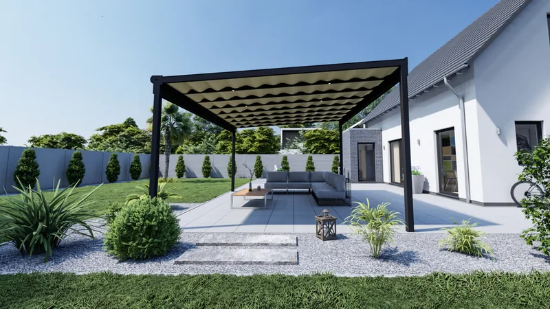 Freistehende Überdachung mit gewelltem Sonnensegel und LED-Spots über einer Loungegruppe, Kiesbeet und Terrassenplatten