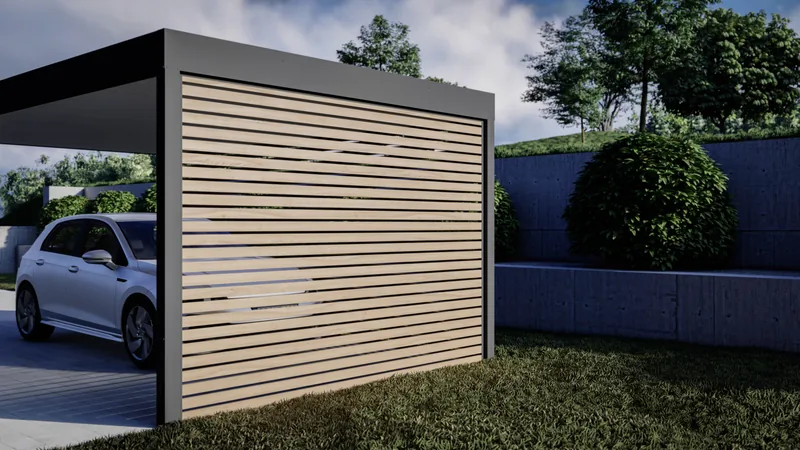 Seitenwand eines Carports mit horizontalen Lamellen in Holzoptik im anthrazitfarbenen Rahmen