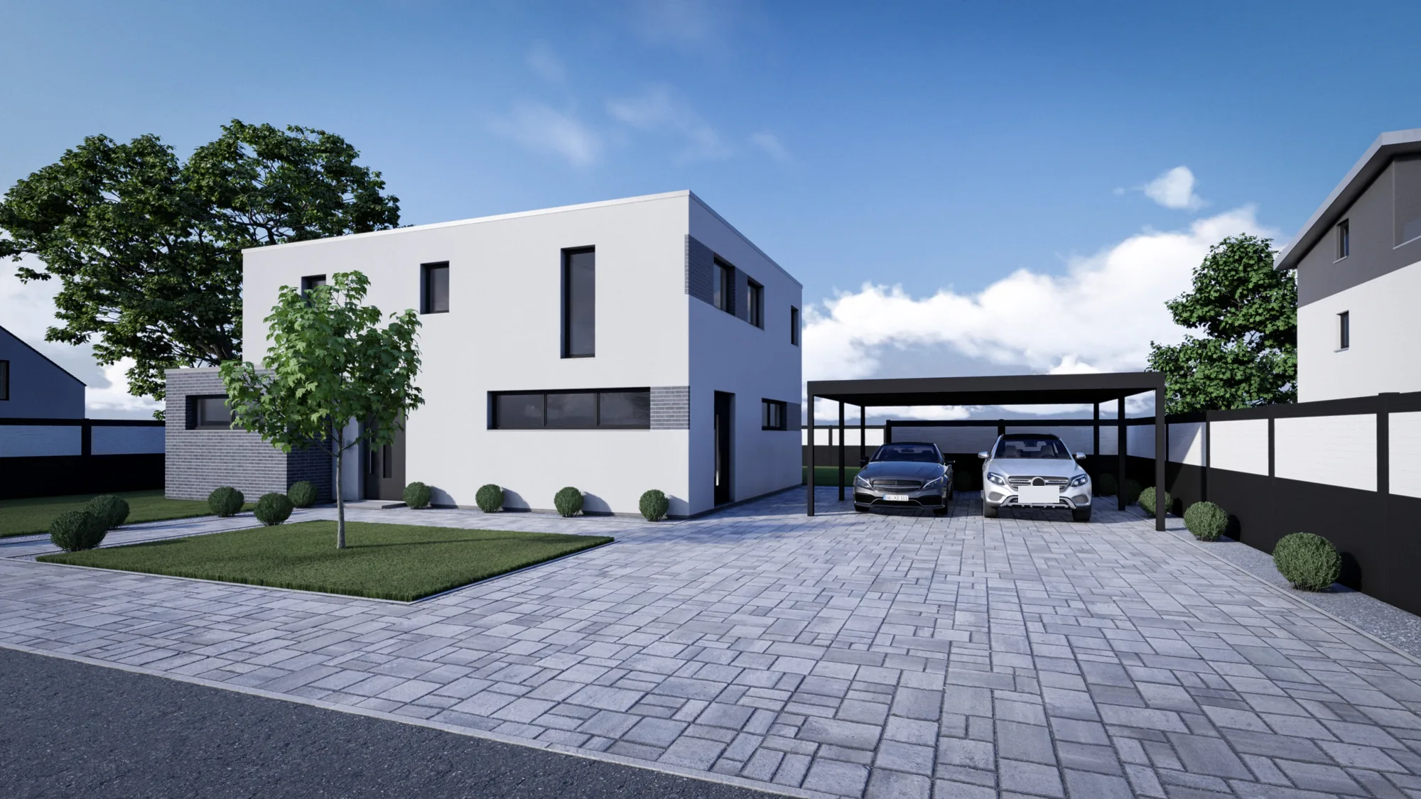 Anthrazitfarbener Flachdach-Carport mit zwei Fahrzeugen vor einem modernen Wohnhaus mit Pflasterauffahrt