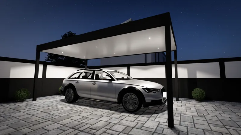 Flachdach-Carport in der Dämmerung mit eingelassenen LED-Spots in der Dachunterseite über einem Kombi