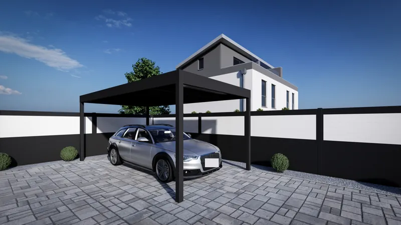 Offener Flachdach-Carport für einen Pkw vor einer hellen Gartenmauer