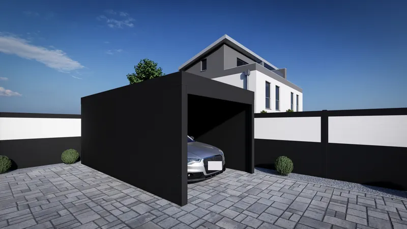 Rundum geschlossener anthrazitfarbener Carport mit offener Toröffnung und einem Pkw darin