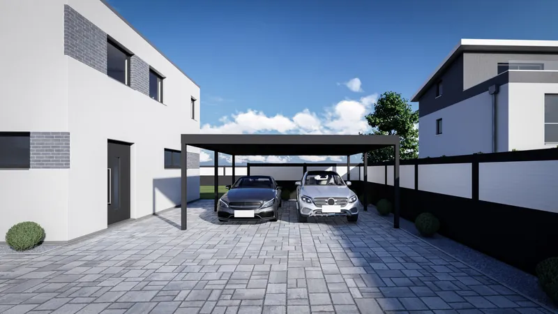 Flachdach-Carport mit zwei Pkw neben einem Haus mit Klinkerstreifen, Sicht aus der Einfahrt