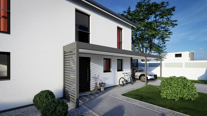 Flachdach-Überdachung an einem Wohnhaus, die Eingangsbereich und Stellplatz überspannt, mit seitlicher Lamellenwand