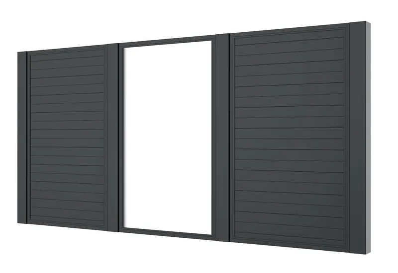 Seitenwand aus anthrazitfarbenen Aluminium-Paneelen mit eingesetztem Glasfeld, freigestellt