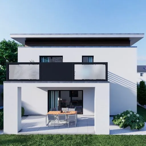 Balkon mit schwarzem Aluminiumgeländer und milchigen Glasfeldern in der Brüstung