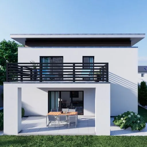 Balkon eines weißen Hauses mit schwarzem Aluminiumgeländer mit waagerechten Streben, darunter eine Terrasse