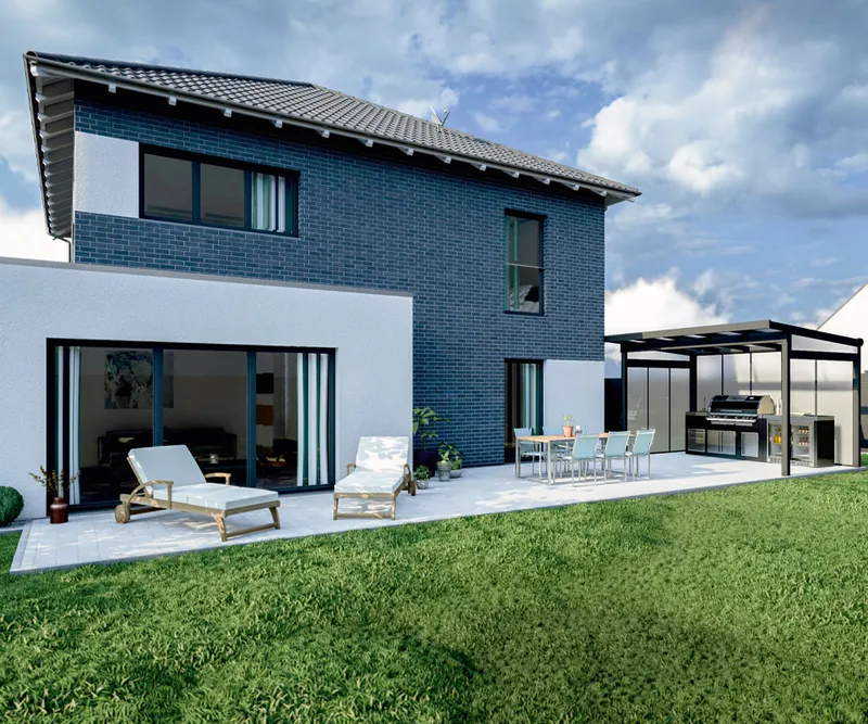Zweigeschossiges Haus mit Terrasse und im Hintergrund einer Grillüberdachung mit Glaswänden
