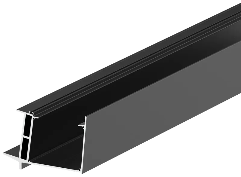Freigestelltes Rendering: Dachrinnenprofil für Terrassendächer, Aluminium anthrazit, Schrägansicht mit Schnittkante