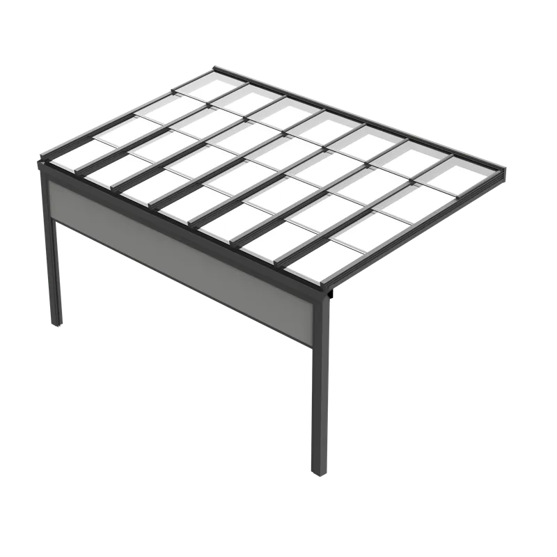 Freigestelltes Rendering eines Schiebedachs mit verschiebbaren Glasfeldern und geschlossener Wandblende an der Seite