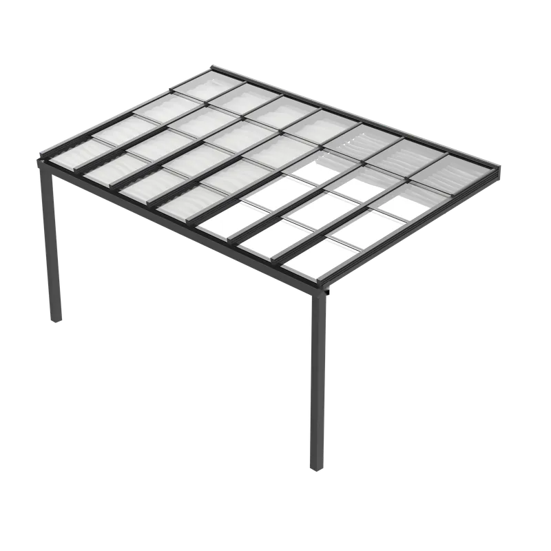 Freigestelltes Rendering eines Schiebedachs mit teilweise geöffneten Glasfeldern auf vier Stützen