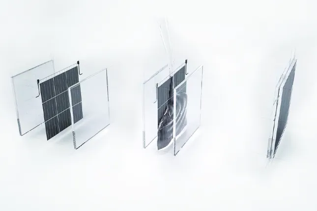 Aufbau eines Glas-Glas-Solarmoduls: transparente Glasscheiben mit eingebetteten Solarzellen im Schichtaufbau
