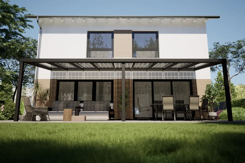Frontalansicht eines anthrazitfarbenen Terrassendachs mit integrierten Solarmodulen vor einem Wohnhaus, darunter Loungebereich und Essplatz