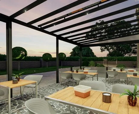 Rendering einer großen Überdachung über einer Gastronomie-Terrasse mit Holztischen und Sitzmöbeln in der Abenddämmerung