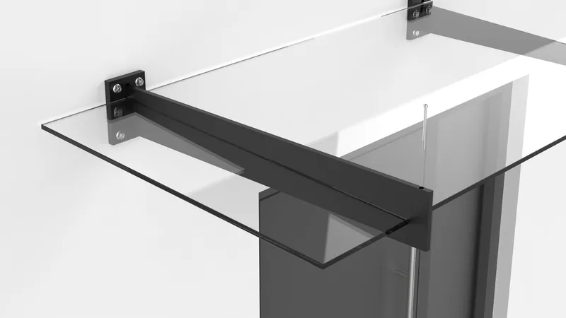Glasvordach aus klarem Verbundsicherheitsglas auf schwarzer Konsole über einer Haustür, freigestelltes Rendering