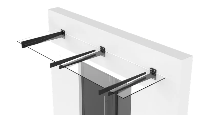 Glasvordach aus klarem Glas mit zwei schwarzen Konsolen, Rendering vor weißer Fassade