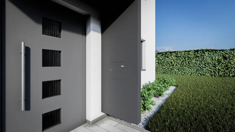 Nahaufnahme einer Haustür mit Vordach und seitlicher Blende mit eingelassenem Briefkasten