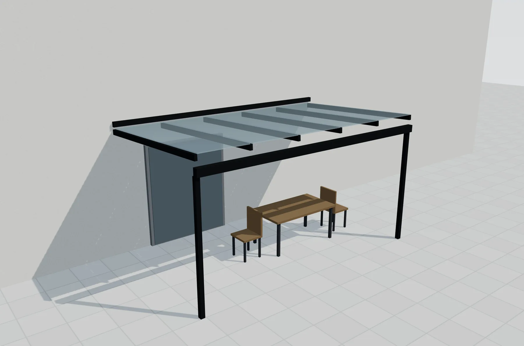Aluminium terrasoverkapping in antraciet met glazen dakbedekking tegen een huisgevel, berekende weergave